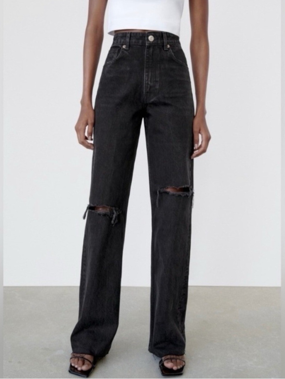 Zara Straight Leg Distressed Jeans - Black